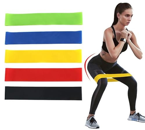 Fitnessbänder [5er Set] Widerstandsbänder mit 5 Stufen, 100% Latex Fitnessband Resistance mit Tragebeutel, Gymnastikband für Muskelaufbau, Yoga... (Grün,blau,gelb,rot,schwarz)