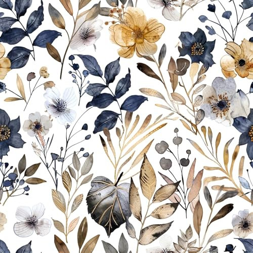 MAGAFA Floral Peel and Stick Wallpaper Navy Blue Gray Leaf Gold Self Adhesive Removable Floral Wallpaper for Bedroom Renter Friendly Contact Paper for Bedroom Bathroom Walls Shelf Liner 17.71x236.2