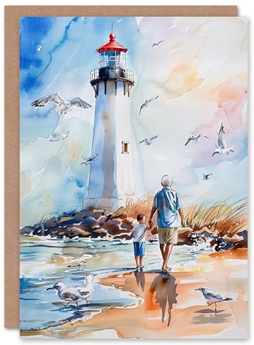 Artery8 Lighthouse Seagulls Beach Walk With Grandad For Him Man Retirement Card