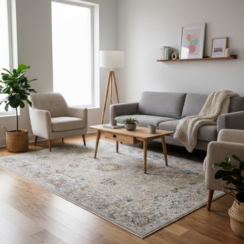 RUGURA Vintage-Teppich, Wohnzimmer, Schlafzimmer, Flur, Schlafzimmer, nordischer Stil, modern, mediterran, langer Teppich, 160 x 230 cm, Blau, Grau, Beige, Braun und Taupe