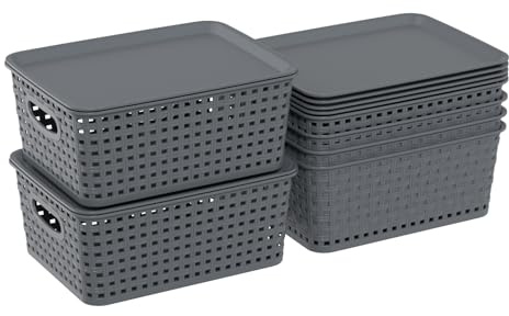 Ordate 6-Pack Woven Plastic Storage Basket with Lids, Cupboard Storage Baskets, Gray