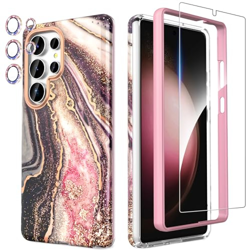 SHEDEER für Samsung S25 Ultra Hülle mit Glitzer Kameraschutz + Displayschutz, Samsung Galaxy S25 Ultra Hülle Schick Anti-Vergilbung, 360 Grad Schutz Stoßfest Handyhülle für S25 Ultra, Fernes Schwarz