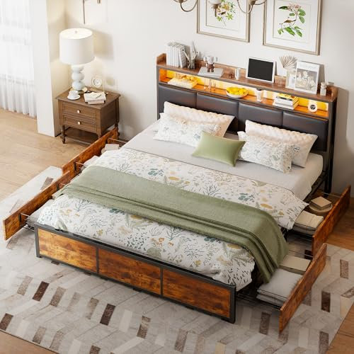 JOROBURO Polsterbett Metallbett 180 x 200 cm mit Stauraum, Doppelbett mit LED und USB Ladefunktion, Stauraumbett mit 4 Schubladen und Staufach, Jugendbett Funktionsbett mit Lattenrost, Schwarz, PU