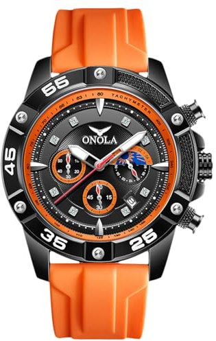 RORIOS Montre-Bracelet Élégante pour Hommes Montres Décontractées Sport Montre de Poignet Quartz Analogique Multifonctionnelle avec Bracelet en Silicone Orange