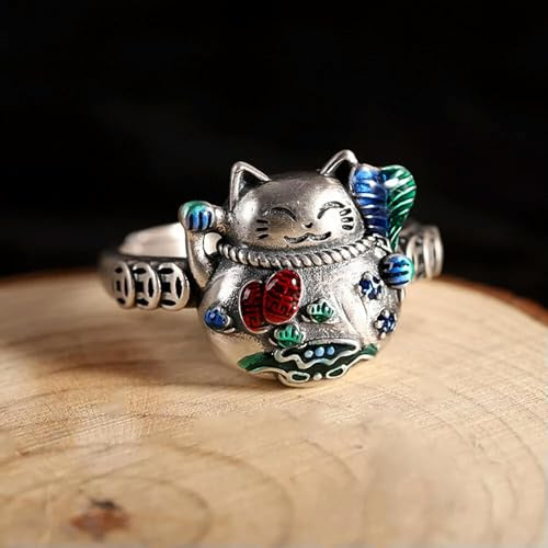 Echter 925 Silber Damen Ring Glücksbringer Bunt Emaille Münze Katzen Band Ring