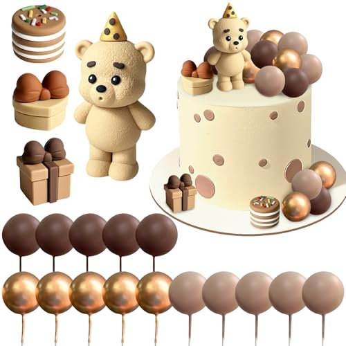 Tortendeko Bär, 19 PCS Tortendeko Teddybär, Torten Topper Brauner Bär, Braune Kugeln Kuchentopper, Boho Bären Kuchendekoratio, für Jubiläumsfeiern, Geschlecht Enthüllen Kuchen Dekoration (Licht)