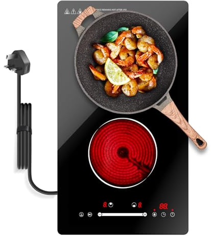 Borrallio Ceramic Hob 2 Zones 3000W, Slider Control, Built-in & Countertop | 2 Ring Electric Hob, 2 Burner Hot Plates for Cooking Electric, Double Ceramic Plug in Hob with 9 Heat Levels, Timer