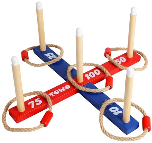 Wooden Ring Toss Game – Quoits Throwing Tossing Toy for Kids & Adults – Outdoor & Indoor Lawn Game for Family Fun Gift – Classic Rope Toss Game for Garden, Beach, Camping, Travel & Party Games