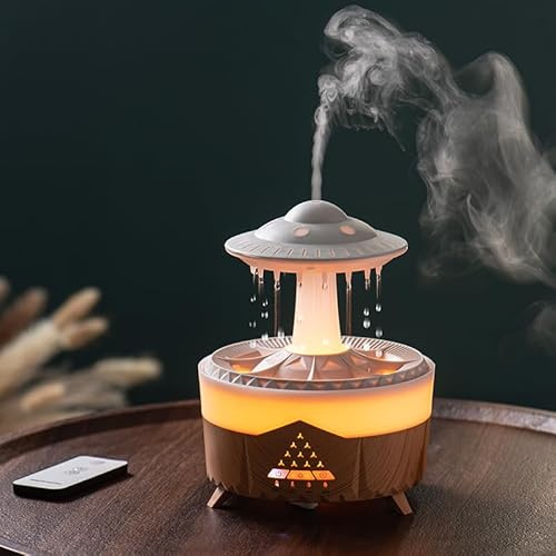 Regenwolken Luftbefeuchter und Diffusor,Luftbefeuchter mit Fernbedienung,7 Farben LED Aromatherapie Diffusor In Ufo-Form,Regengeräusche zum Einschlafen,350ml Raumbefeuchter Schlafzimmer,Holz