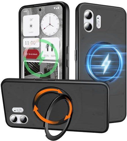 HikerClub for Nothing Phone 2 (2023) Case with Magnetic Stand, 360 Rotating Ring Holder, Translucent Matte Anti-Fingerprint, Silicone Shockproof Protection Back Cover, Black