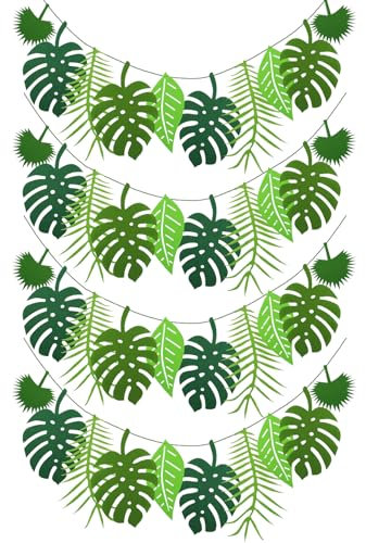 Gschungel Deko Geburtstag Blätter Girlande Palmblätter Girlande Party Banner Tropical Garland Decorations Grün Tropische Bunting Artificial Palm Leave Deko Sommerfest Hawaii Party Banner Wimpelkette