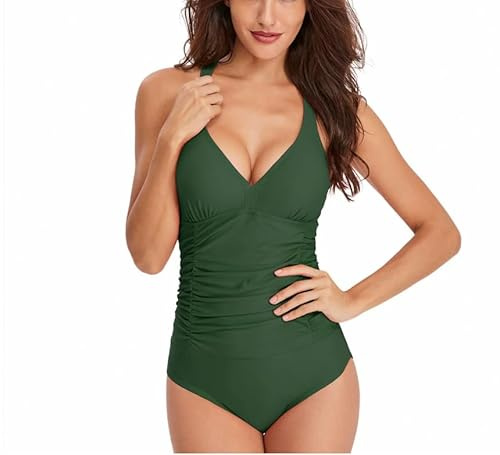 FLYRONG One Piece Swimsuit for Women's Tummy Control Swimming Costume Ladies V Neck Swim Siut Moss Green