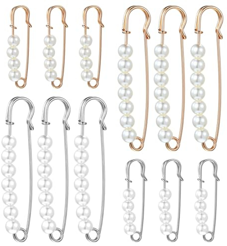 Guduling 12 styck pärlbroche spännen, fashionabla faux pärlbroche spännen för kvinnor, 2 storlekar dekorativa säkerhetsspännen med imiterade pärlor, stor sjalspänne för kvinnor, kläder, klänning