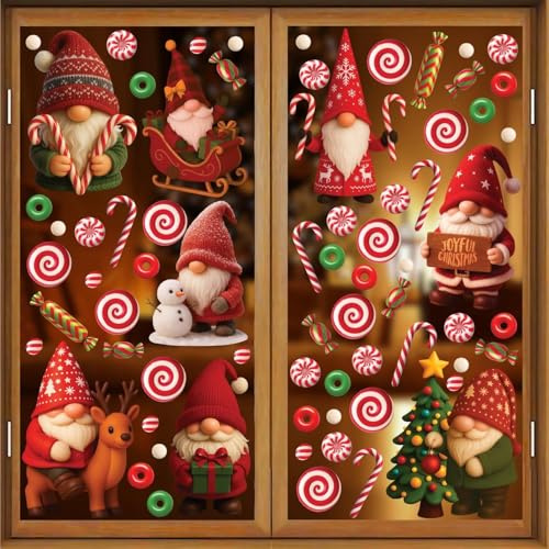 WALPLUS Holiday Gnomies & Candy Delights Window Stickers, Removable Reusable Double-Sided Glass Clings for Home, Kids Room, Classroom and Seasonal Decor