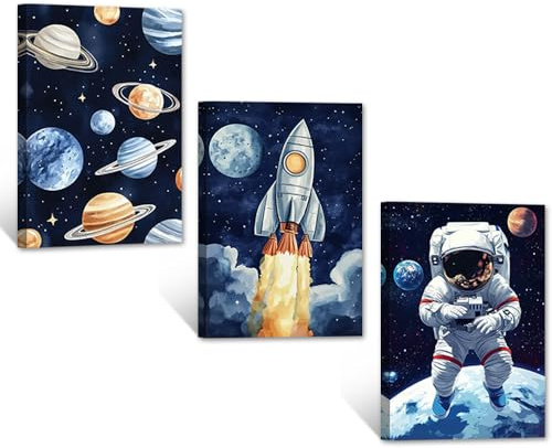 CXHOSTENT Weltraum-Wandkunst fürs Kinderzimmer 3-teilig Astronauten-Leinwandkunst Raketen-Wanddekoration Universum Bild Planeten Gemälde Dekor gerahmt (28x35cmx3)