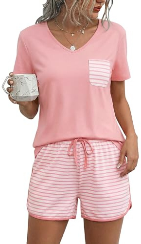 Demegimi Pyjama Femme Été Ensemble 2 Pièces Short et Haut Manche Courte Col V Vêtements de Nuit Coupe Décontractée Tenue de Détente Pyjashort Respirant pour Maison Sommer