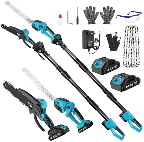 Motosierra y Cortasetos Batería con Pértiga Telescópico, 4 en 1 Kit de Herramientas Jardín, Podadora de Altura Electrica con 2 Baterías 4000 mAh, 4 Cadenas, Gafas, Guantes para Cortar Arbusto y Ramas