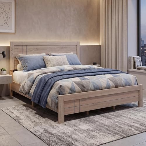 Mendler King Size Bett HWC-P44, Doppelbett Bettgestell mit Lattenrost, 180x200cm - Sonoma-Eiche-Optik