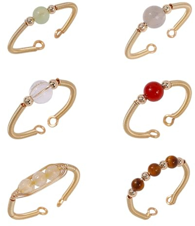 CONCHLERY 6er Set Verstellbare Gold Draht Umwickelte Ringe mit Naturstein, Mischedelstein, Damen, Gold, Legierung, Jade Rutilquarz Mondstein Kristall Karneol Tigerauge