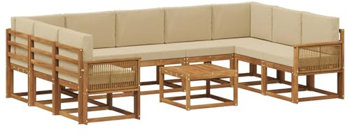 vidaXL Outdoor-Sofagarnitur 10 pcs Natur und Beige Massivholz Akazie, Akazien-Sofa-Set, modernes Outdoor-Sofa, Robustes Gartenmöbel, wetterfest, umbaubar und gemütlich