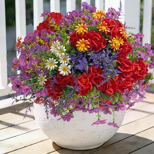 10 Bündel Kunstblumen wie Echt Balkonpflanzen Draußen Geranien Blumen | Gemischte Gänseblümchen Lavendel ,Draußen Wetterfest kunstpflanze Balkon Blumensträuße für Tisch Blumenkasten Garten Topf