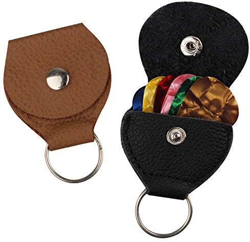 Futheda 2 Pieces Leather Plectrum Holder Case Keyring and 6 Pieces Doubled Sided Colorful Celluloid Material Guitar Picks Plectrums for Electric, Acoustic, or Bass Guitar 0.96mm