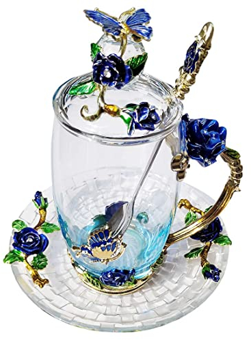 LANTREE Orchidee Taza de té Taza de café Platillo Tapa Cuchara Cumpleaños Aniversario Regalos Mamá Hermana Novia Compañero de Trabajo Flor Mariposa(Blue Tall)