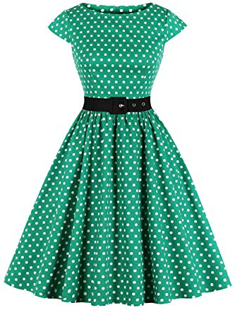 AXOE Women 50s Dresses Rockabilly Vintage Inpired Belted Cotton Green White Polka Dots, UK Size 14, L