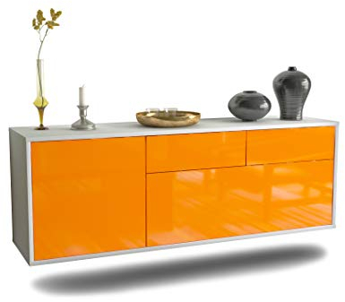 Lowboard Colorado Springs hängend (136x47x35cm) Korpus weiß matt - Front Hochglanz Orange - Push to Open - hochwertige Leichtlaufschienen