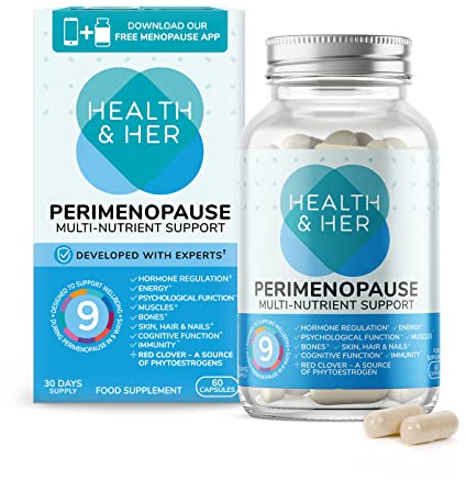 Health & Her Perimenopause Supplements for Women - with Red Clover, Wild Yam Ashwagandha. Wellbeing Support for The Early Stage of Menopause - 1 Month Supply, 60 Capsules - Vegan & Gluten Free