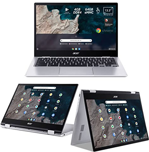 Acer Chromebook Touchscreen Spin 513 CP513-1H-S4RY, Notebook con Processore Qualcomm Snapdragon SC7180, Ram 4 GB, 64 GB eMMC, Display 13.3 FHD Multi-Touch IPS, Qualcomm Adreno 618, Chrome OS, Silver