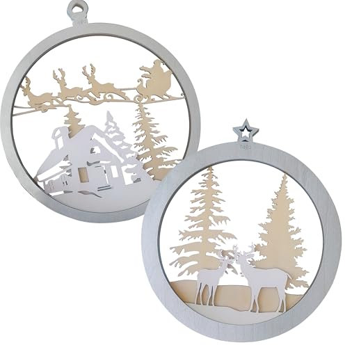 nagu® Adornos Navidad - Set de 2 Bolas Grandes Arbol Navidad 20cm, Diseño 3D Reno y Santa, Navidad Decoración 2024 para Pared o Puerta, Estilo Nórdico, Blanco y Plateado, Hecho a Mano