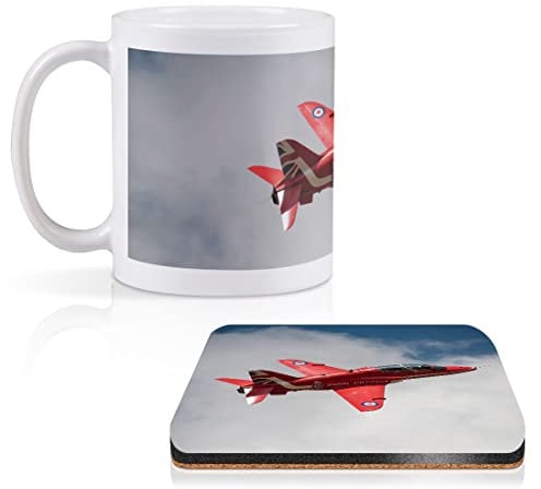 1 x 11oz (284ml) White Ceramic Mug Cup & 1 x Square Wooden Cork Coaster - Red Arrows Plane RAF Design for Coffee Tea Drinks Kitchen Birthday Office #14551