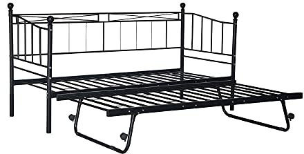 Panana Metal Day Bed Trundle Black Steel Frame Single Bed Kids (Black, Style 3 Daybed+Trundle)