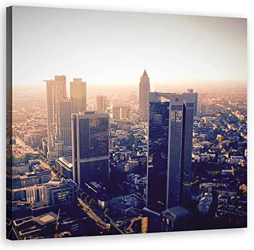 Feeby Leinwandbild Frankfurt am Main Wolkenkratzer Skyline 30x30 cm Bild Kunstdruck Stadtbild Deutschland Orange