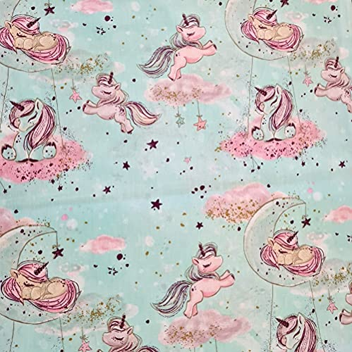 8,98€/m 100% Baumwolle 50x160cm Baumwollstoff Meterware Einhorn Handwerken Nähen Stoff (Einhorn Mond Türkis Gold)