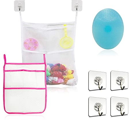 Lot de 2 sacs de rangement en maille pour jouets (blanc, rose rouge double couche) et 4 crochets et 1 peigne à shampoing, filet de rangement robuste pour jouets de grande baignoire pour bébé.