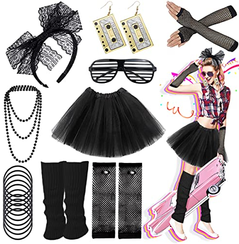 Ronilp 80s Fancy Dress for women,1980s Fancy Party Black Costume Accessories Set, Tutu Skirt Leg Warmers Necklace Bracelets Fishnet Gloves 80s Lace Bow Headband Tape Earrings Sunglasses