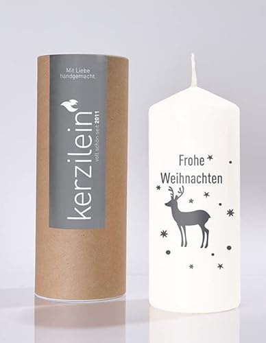 Miss Lovely XXL Weihnachts-Kerze Stumpen-Kerze Windlicht Frohe Weihnachten mit Hirsch & Sternen in weiß & anthrazit grau Weihnachts-Deko Tisch-Dekoration Weihnachten Advent Winter
