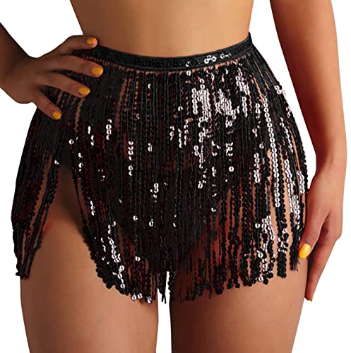 Rave Rock Bauchtanz Hüfttuch Kostüm Latin Dance Röcke Pailletten Quaste Fransen Hüfttuch Outfits Rock Gürtel Festival Kleidung Hüftschal Rave Outfit für Damen (Schwarz, XXL)