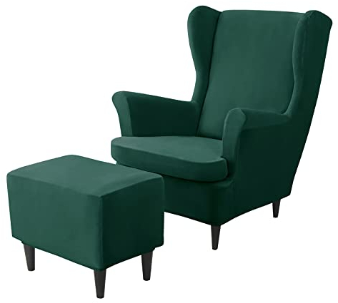 JHLD Stretch Husse für Ohrensessel Mit Ottomane Schonbezug, Samt Husse für Ohrensessel 2 Stück Ohrensessel Schonbezug 1 Stück Ottomane Bezug -dunkelgrün-3 Stück