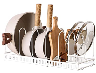 Yagosodee Pfannenhalter für Schublade, Pfannen und Deckel Organizer, Erweiterbarer Topfdeckelhalter mit 7 Verstellbaren Fächern, Deckelhalter Schublade Topfdeckel Aufbewahrung aus Metall, Weiß