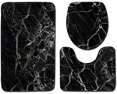 Badematten & Badteppiche Set 3 Teilig Schwarz Gold Mikrofaser Flauschige Marmor Muster Badezimmerteppich WC Vorleger mit Ausschnitt Waschbar rutschfeste Badvorleger Toilette Teppich (G, 3pc)