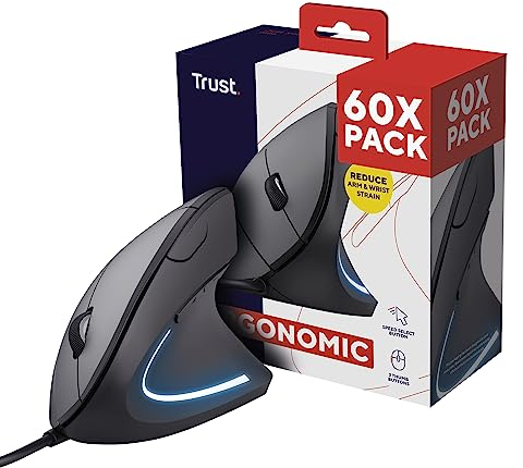 Trust Verto 60 Pack - 60 Vertikale Mäuse, Ergonomische Maus, Vorbeugung Gegen Mausarm/Tennisarm (RSI Syndrom), LED-Beleuchtung, PC Maus mit Kabel für Rechtshänder, Computer, Laptop, Mac - Schwarz