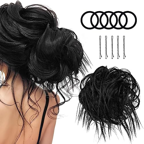 Haarteil Mit Gummiband, Groß Dutt Pferdeschwanz Haarteil Gelockt Haaren Hochsteckfrisuren Haarverlängerung Messy Bun Haarteile with Braids, Brautfrisuren Voluminös Gelockt Unordentlich Dutt,Schwarz