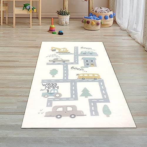 Teppich-Traum Kinder-Teppich Junge Läufer weich Auto Bagger Straße schmutzabweisend in Creme 80x150 cm
