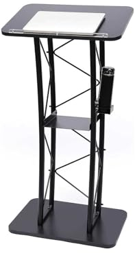 Rednerpult aus Metall mit Getränkehalter – Schwarzes gebogenes Podium, 40 x 60 x 120 cm – stabiler Lautsprecherständer für Büropräsentationen