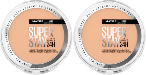 Maybelline Powder Foundation, Long-lasting 24H Wear, Medium to Full Coverage, Transfer, Water & Sweat Resistant, SuperStay 24H Hybrid Powder Foundation, 21 (Pack of 2)