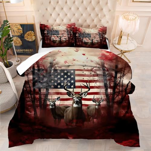 kxry Bettwäscheset, Motiv: Elch, USA-Flagge, Doppelbett, für Jungen, Kinder, Teenager, US-Sterne, Streifen, Flaggen, Bettwäsche, 1 Bettdecke + 1 Kissenbezug