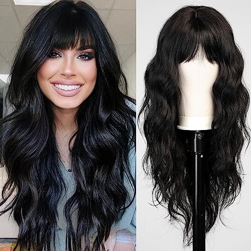 EMMOR Schwarze Perücke mit Pony für Frauen, lange gewellte Haarperücke, schwarze Lockenperücke aus Synthetik für den täglichen Gebrauch und Partys